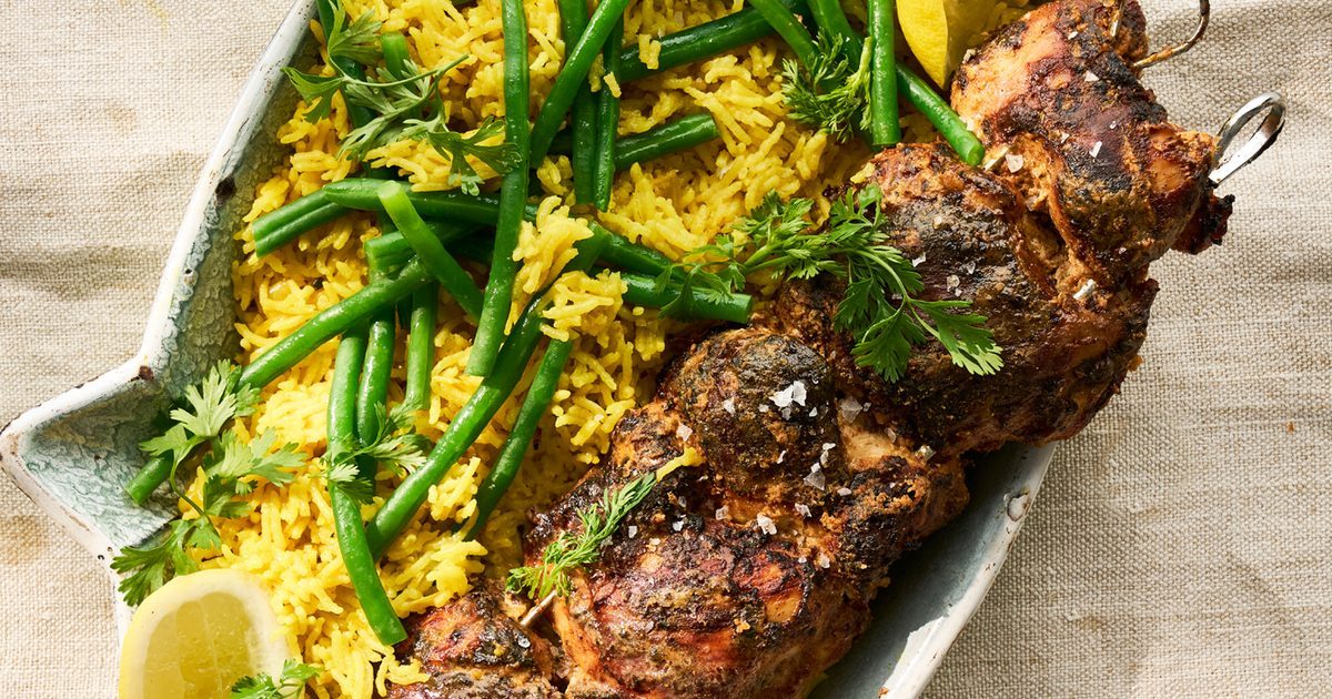 Tandoori Chicken King Kebab com açafrão e feijão verde biryani